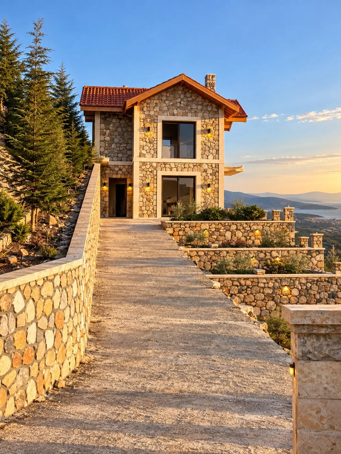 Yamaçta deniz manzaralı iki katlı doğal taş villa, taş giriş yolu duvarı ve kademeli taş teras duvarları